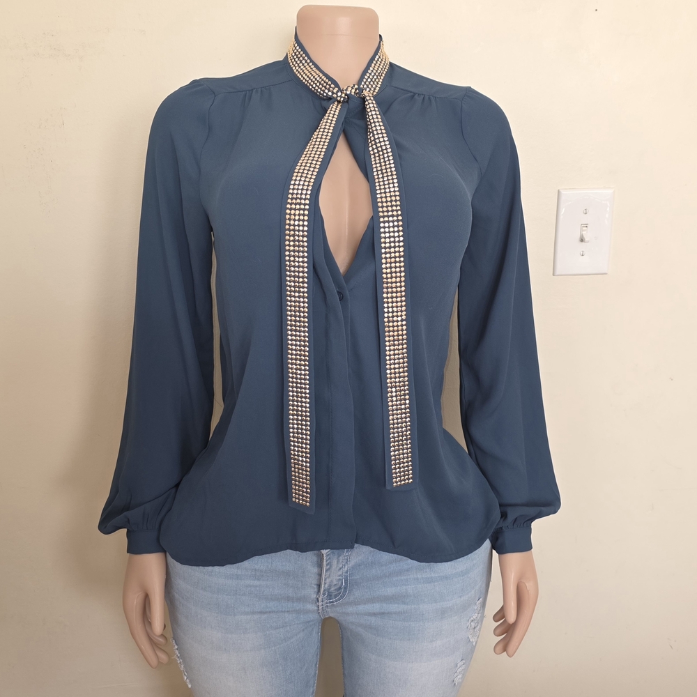 Arden B Teal Long-Sleeve Tie Neck Blouse with Embellished Trim